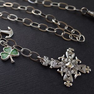 St Patricks Day Vintage Sterling Silver Celtic Cross Necklace with Enamel Four Leaf Clover & Anchor Charms Swivel Hook Chain image 3