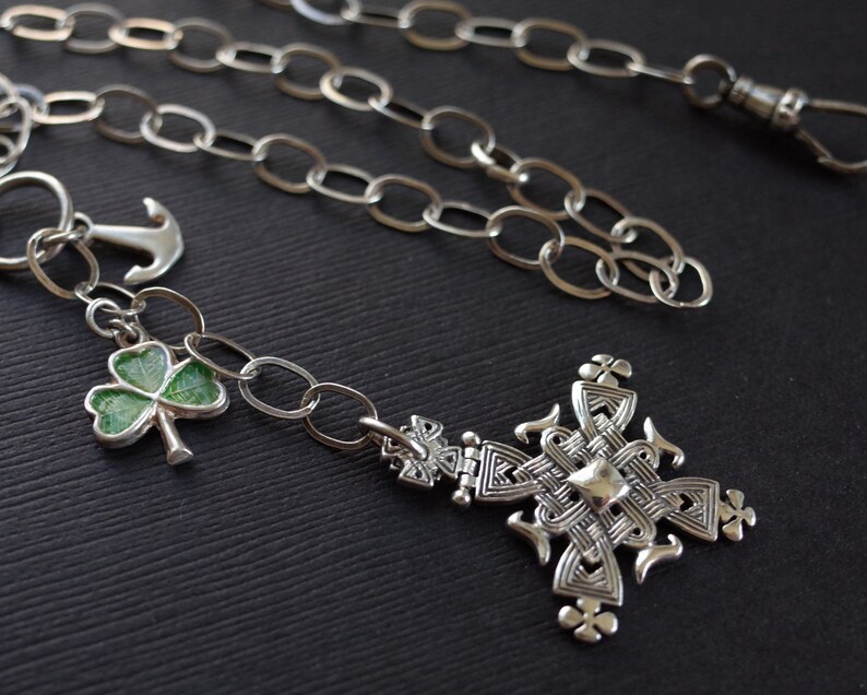 St Patricks Day Vintage Sterling Silver Celtic Cross Necklace with Enamel Four Leaf Clover & Anchor Charms Swivel Hook Chain image 3