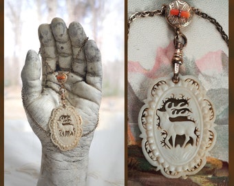 Antique Hand Carved Bone Deer Necklace - Gold Filled Branch Coral Connector - Vintage Swivel Watch Fob Hook