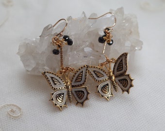 Vintage Damascene Butterfly Earrings with Black Spinal Bead Drops . 14K Gold Filled Ear Wires . Gold and Black . Assemblage Jewelry