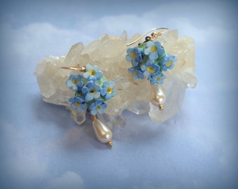 Vintage  Hand Painted Bone China Forget Me Not Flower Earrings with Pearl Drops & 14K Gold Filled Ear Wires - English Porcelain