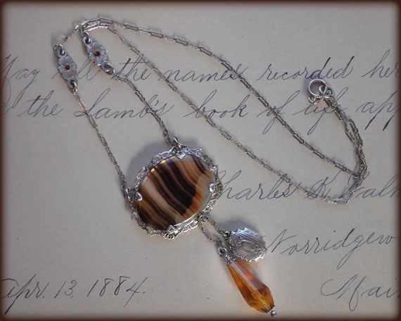 Antique Art Deco Sterling Silver Banded Agate Pen… - image 5