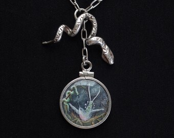 Vintage Sterling Silver Snake Charm & Hand Painted Hummingbird Pendant Necklace