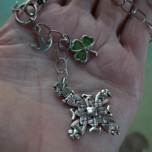 St Patricks Day Vintage Sterling Silver Celtic Cross Necklace with Enamel Four Leaf Clover & Anchor Charms Swivel Hook Chain image 6