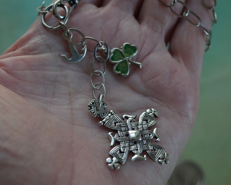 St Patricks Day Vintage Sterling Silver Celtic Cross Necklace with Enamel Four Leaf Clover & Anchor Charms Swivel Hook Chain image 6