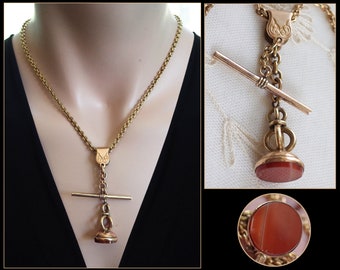 Victorian Gold Filled Banded Carnelian Fob Chain Necklace . T-Bar .  Edwardian Banded Agate Watch Fob