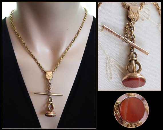 Victorian Gold Filled Banded Carnelian Fob Chain … - image 1
