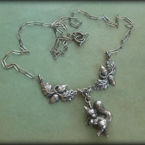 Vintage Sterling Silver Acorn Oak Leaf & Squirrel Charm Necklace