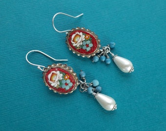 Vintage Micro Mosaic Earrings with Pearl & Turquoise Drops - Sterling  Silver Fish Hook Wires