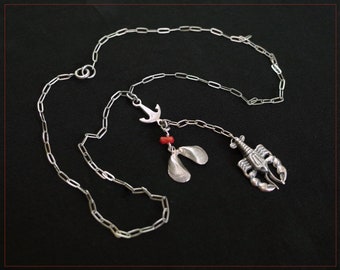 Vintage Sterling Silver Anchor Sea Shells Lobster & Coral Necklace - Vintage Ocean Jewelry