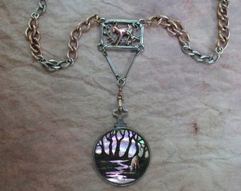 Hand Painted Deer Forest Glass Locket Pendant  Necklace - Antique Sterling Mix Metal Chain