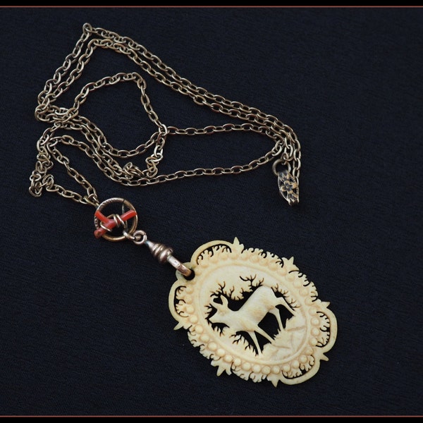Antique Hand Carved Bone Deer Necklace - Gold Filled Branch Coral Connector - Vintage Swivel Watch Fob Hook