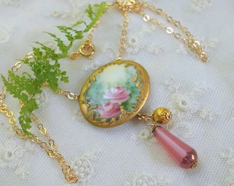 Antique HAND PAINTED Porcelain Roses Necklace & Crystal Drop - 14K Gold Filled Chain - Assemblage Jewelry