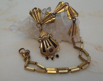 FANTASTIC Vintage Egyptian Revival Brass Necklace & Harp Watch Fob Pendant Black Spinal Drops