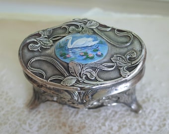 Antique Silver Jewelry Casket Box  - Hand Painted Swan & Water Lilies - Repousse Art Nouveau Iris Design