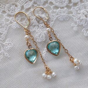 Vintage Gold Filled Aqua Blue Cut Crystal Heart Earrings - 14K Gold Filled Leverback - Cluster Multi Pearl Drops - Bridal Wedding