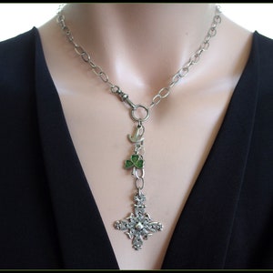 St Patricks Day Vintage Sterling Silver Celtic Cross Necklace with Enamel Four Leaf Clover & Anchor Charms Swivel Hook Chain image 4