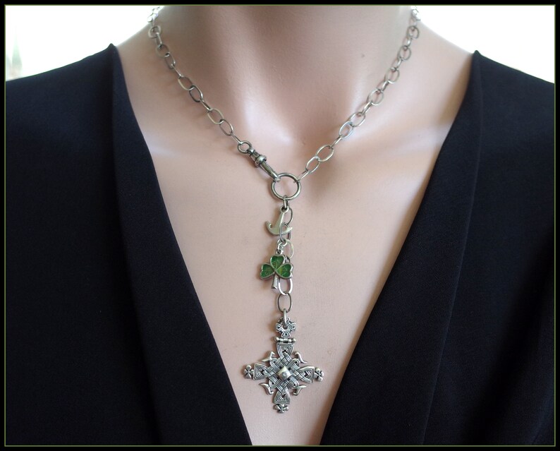 St Patricks Day Vintage Sterling Silver Celtic Cross Necklace with Enamel Four Leaf Clover & Anchor Charms Swivel Hook Chain image 4