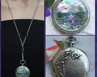 Antique Hand-Painted Violets Repoussé Pocket Watch Necklace | Sterling Silver Bezel-Set Amethyst Watch Chain Swivel Hook Dog Clip
