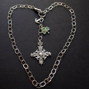 St Patricks Day Vintage Sterling Silver Celtic Cross Necklace with Enamel Four Leaf Clover & Anchor Charms Swivel Hook Chain image 2