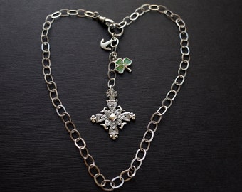 St Patricks Day Vintage Sterling Silver Celtic Cross Necklace with  Enamel Four Leaf Clover & Anchor Charms Swivel Hook Chain