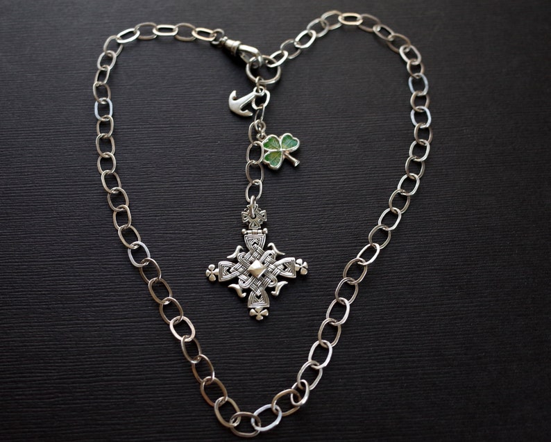 St Patricks Day Vintage Sterling Silver Celtic Cross Necklace with Enamel Four Leaf Clover & Anchor Charms Swivel Hook Chain image 2