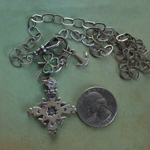 St Patricks Day Vintage Sterling Silver Celtic Cross Necklace with Enamel Four Leaf Clover & Anchor Charms Swivel Hook Chain image 8