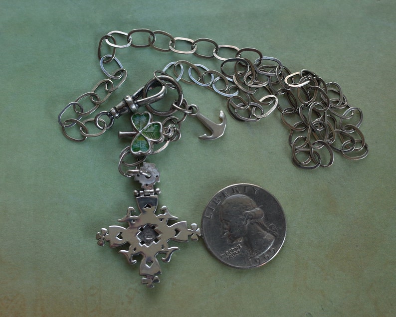 St Patricks Day Vintage Sterling Silver Celtic Cross Necklace with Enamel Four Leaf Clover & Anchor Charms Swivel Hook Chain image 8