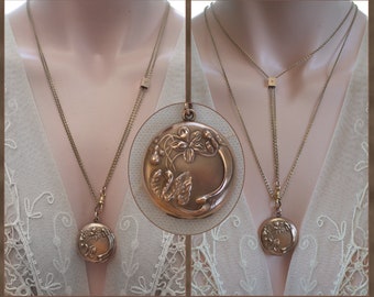 ANTIQUE Edwardian Gold Filled Repousse Art Nouveau Locket & Victorian Slide Necklace - Signed  S.B.CO.