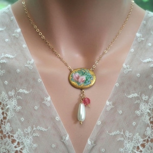 Antique HAND PAINTED  Porcelain Roses Necklace with Crystals and Pearl Drop - 14K Gold Filled Chain