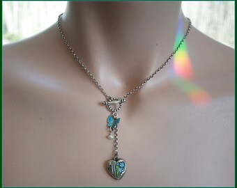 Vintage Sterling Silver Puffy Heart Charm & Danish MEKA Enamel Butterfly Pendant Necklace with T-Bar Front Toggle Chain