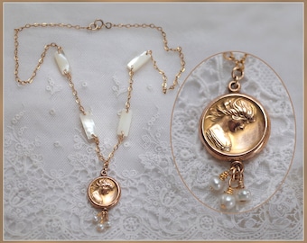 Antique Watch Fob  Necklace Woman Portrait Pendant  with Mother of Pearl Bar Links 14K Gold Filled Chain