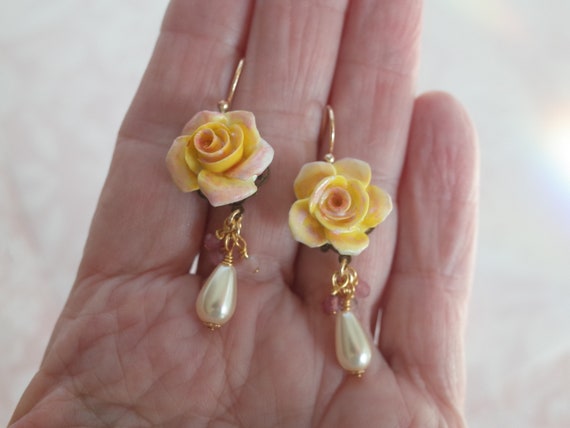 Vintage English Bone China Yellow Rose Earrings P… - image 3