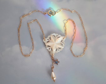 Carved Mother of Pearl Star Necklace - Star Charm - Teardrop Pearl Drop - Delicate 14K Gold Filled Chain