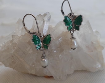 Sterling Silver Green Butterfly Enamel & Pearl Earrings Lever Backs
