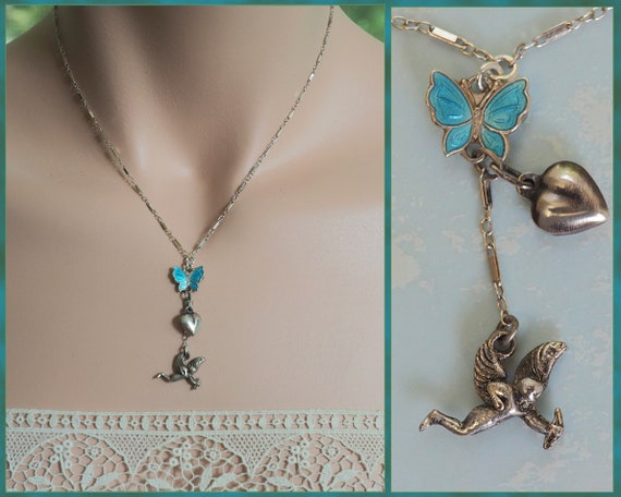 Sterling Silver Blue Enamel Butterfly & Cupid Ang… - image 1