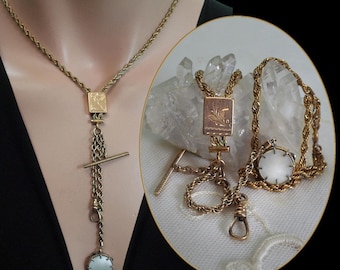 Collar antiguo eduardiano con pandereta - Colgante para reloj - Cadena deslizante victoriana chapada en oro con gancho giratorio y barra en T