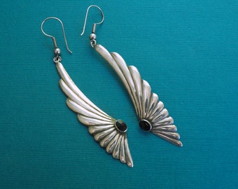 Large Vintage  Wings Hand Crafted Sterling Silver Angel Wings Earrings with Black Onyx Cabochons