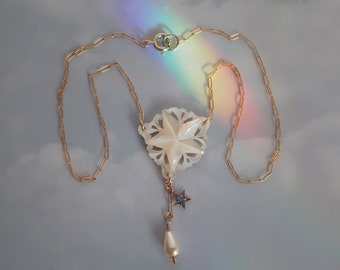 Carved Mother of Pearl Star Necklace - Star Charm - Teardrop Pearl Drop - Delicate 14K Gold Filled Chain