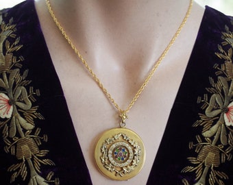 Antique Edwardian Art Deco Locket - Multi Colored Paste Rhinestones - Signed W & S. B.  Co -  14K Gold Filled Chain