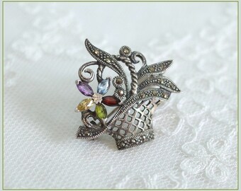 Vintage Sterling Silver Marcasite & Gemstone Basket Brooch - Citrine Peridot Amethyst Garnet Blue Topaz Pin