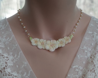 Carved Bone Plumeria Flower Necklace - Gold Over Sterling Beaded Pearl Chain - Bridal Necklace - Beach Wedding Jewelry