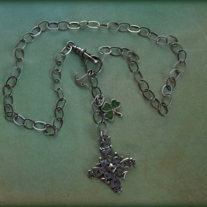 St Patricks Day Vintage Sterling Silver Celtic Cross Necklace with Enamel Four Leaf Clover & Anchor Charms Swivel Hook Chain image 5