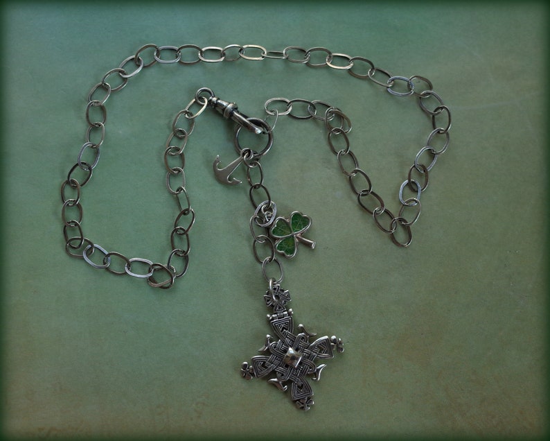 St Patricks Day Vintage Sterling Silver Celtic Cross Necklace with Enamel Four Leaf Clover & Anchor Charms Swivel Hook Chain image 5