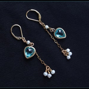 Vintage Gold Filled Aqua Blue Cut Crystal Heart Earrings - 14K Gold Filled Leverback - Cluster Multi Pearl Drops - Bridal Wedding