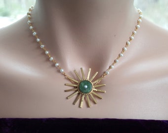 Gold Filled Starburst Jade & Pearl Pendant with Gold Over Sterling (Vermeil) Pearl Rosary Chain - Sunburst Necklace