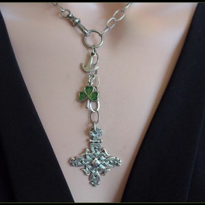 St Patricks Day Vintage Sterling Silver Celtic Cross Necklace with Enamel Four Leaf Clover & Anchor Charms Swivel Hook Chain image 1