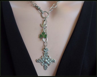 St Patricks Day Vintage Sterling Silver Celtic Cross Necklace with  Enamel Four Leaf Clover & Anchor Charms Swivel Hook Chain