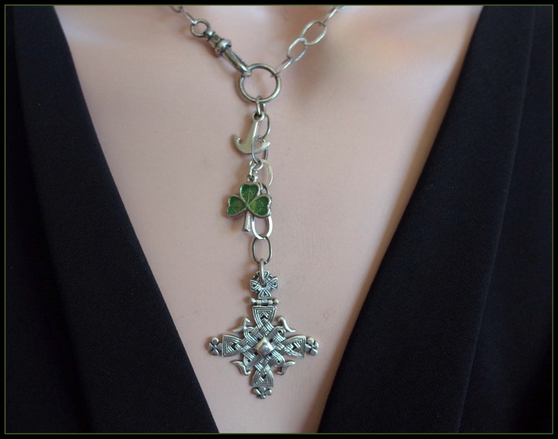 St Patricks Day Vintage Sterling Silver Celtic Cross Necklace with Enamel Four Leaf Clover & Anchor Charms Swivel Hook Chain image 1