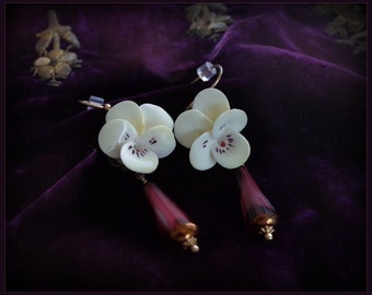 Vintage Hand Painted Bone China White Violet Flower Earrings with Crystal Drops & 14K Gold Filled Ear Wires - English Porcelain